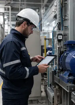 Técnico revisando variables de operación y alertas en campo