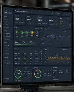 Dashboard IoT industrial con KPIs, alertas y estado de activos